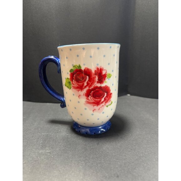Pioneer Women Heritage Coffee Mug Floral Red Rose With Blue Handle & Base - Picture 4 of 9